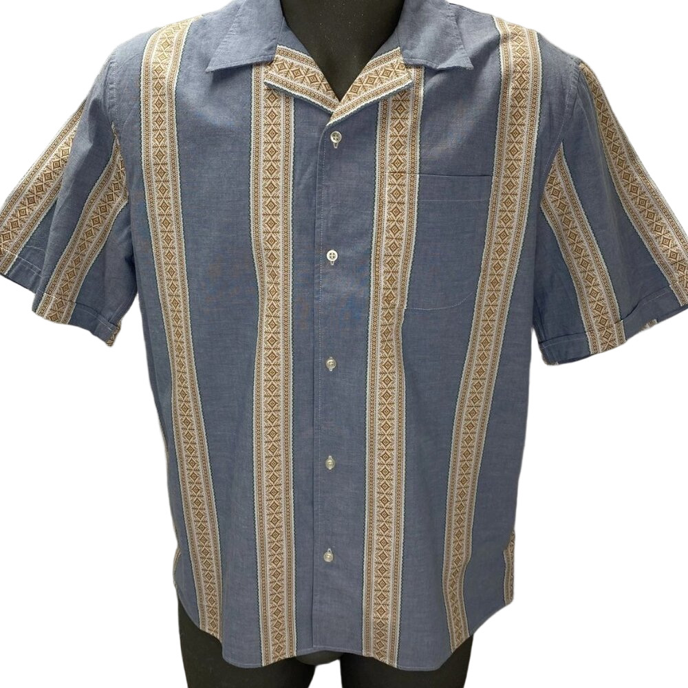 Bonne Gueule Men's Bidart Short Sleeve Cotton Shirt Blue Geometric Pattern Size